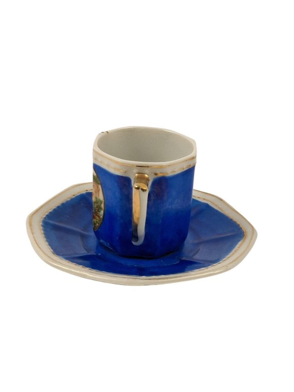 VTG HKATO Blue Porcelain Demitasse Teacup & Saucer Romantic Scene & Gold Accents - Picture 2 of 16